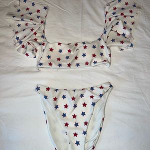 Tularosa bikini, XS, pads sewn in, white with red and blue starts, high-waisted